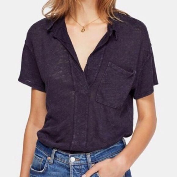 We the Free by FP The Posh Polo Tee Linen Blend Purple XS - Picture 1 of 9